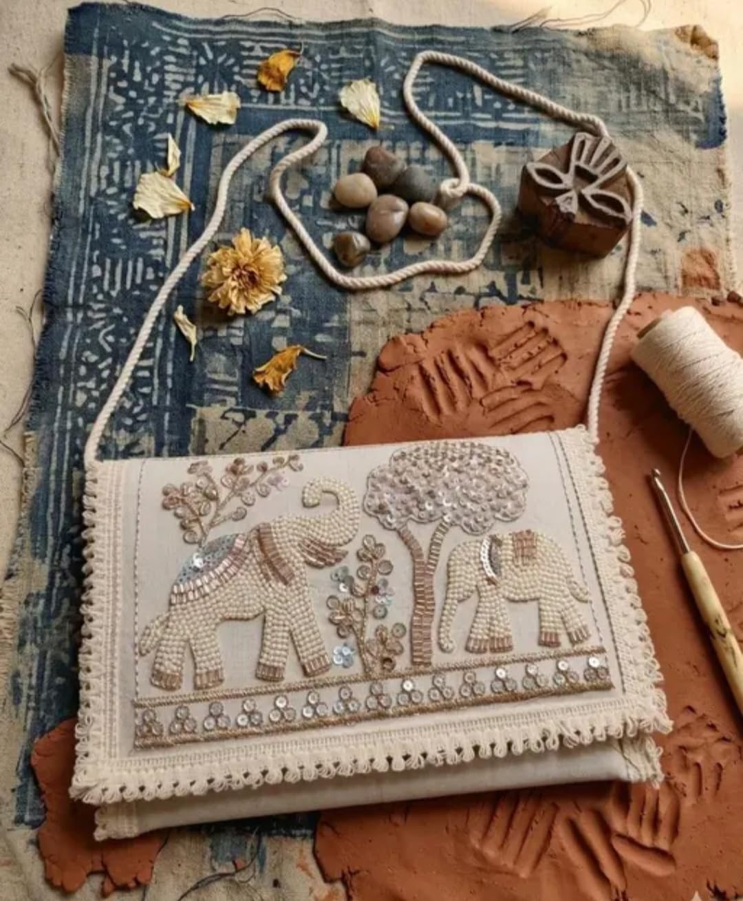 Ivory Clutch Bag with Elephant Embroidery, Beaded Sequin Crossbody Purse, Boho Ethnic Style