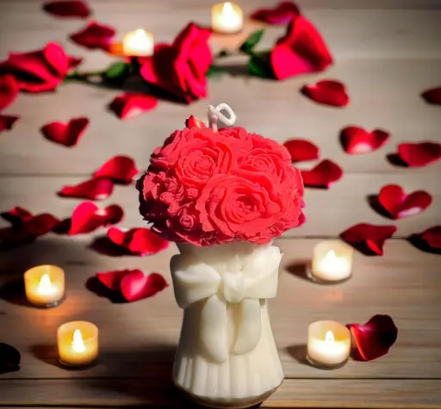 Decorative Rose Candle with White Bow Vase, Red Floral Design, Romantic Home Decor