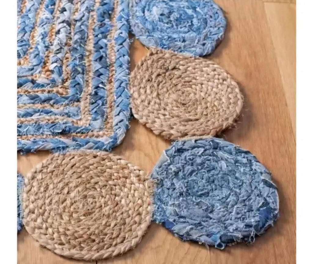 Braided Jute Handmade Runner Rug, Blue and Natural, Decorative Circle Border, Bohemian Style