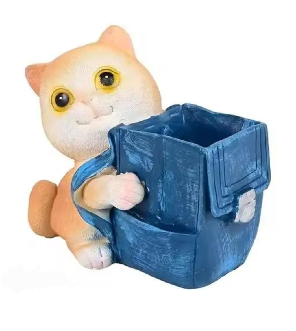 Decorative Cat Planter with Blue Barrel, Indoor Garden Ornament, Artificial Plant Holder, Outdoor Yard Decor