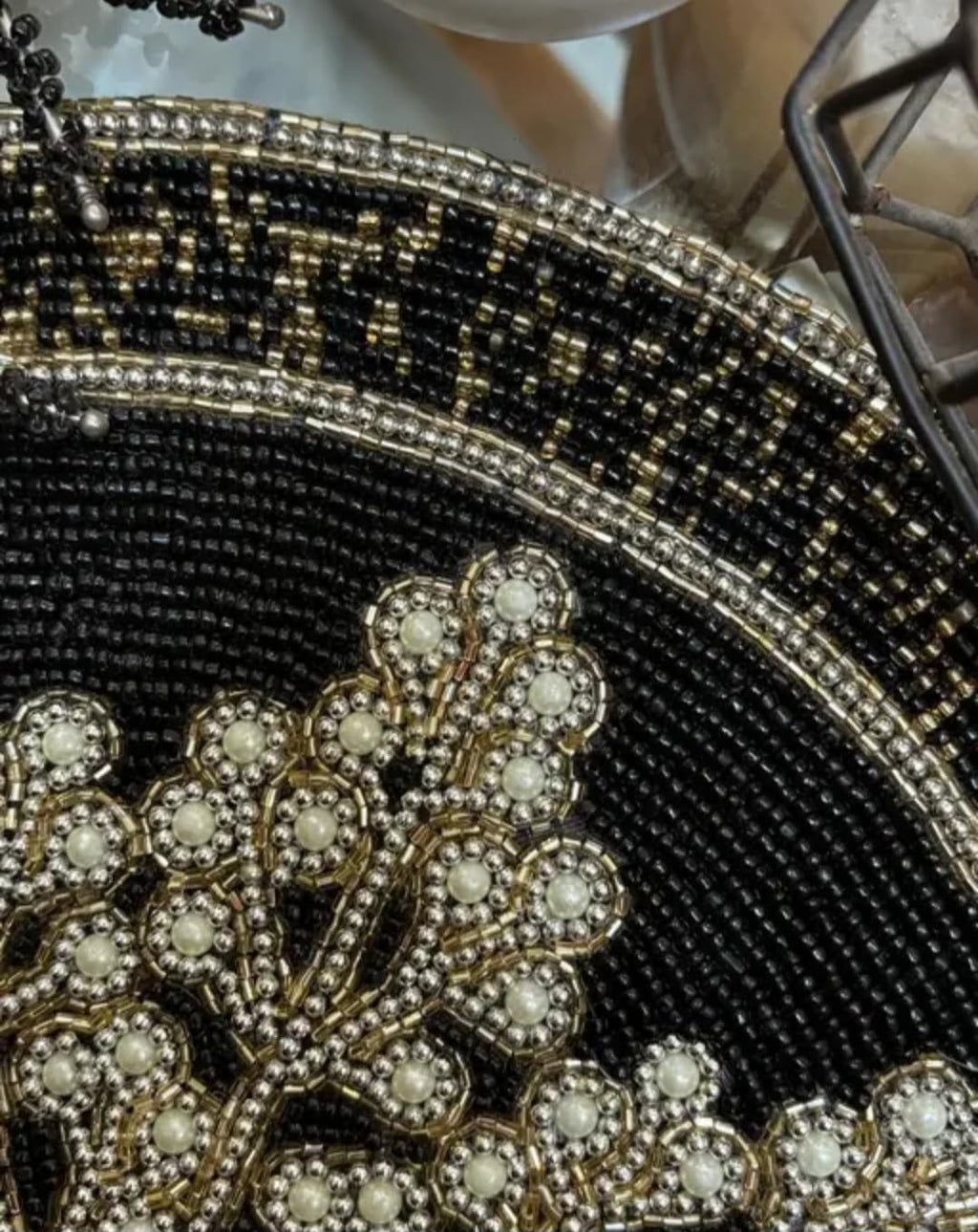 Beaded Snowflake Placemat, Black and Gold, Round, Handcrafted, Christmas Holiday Table Decor
