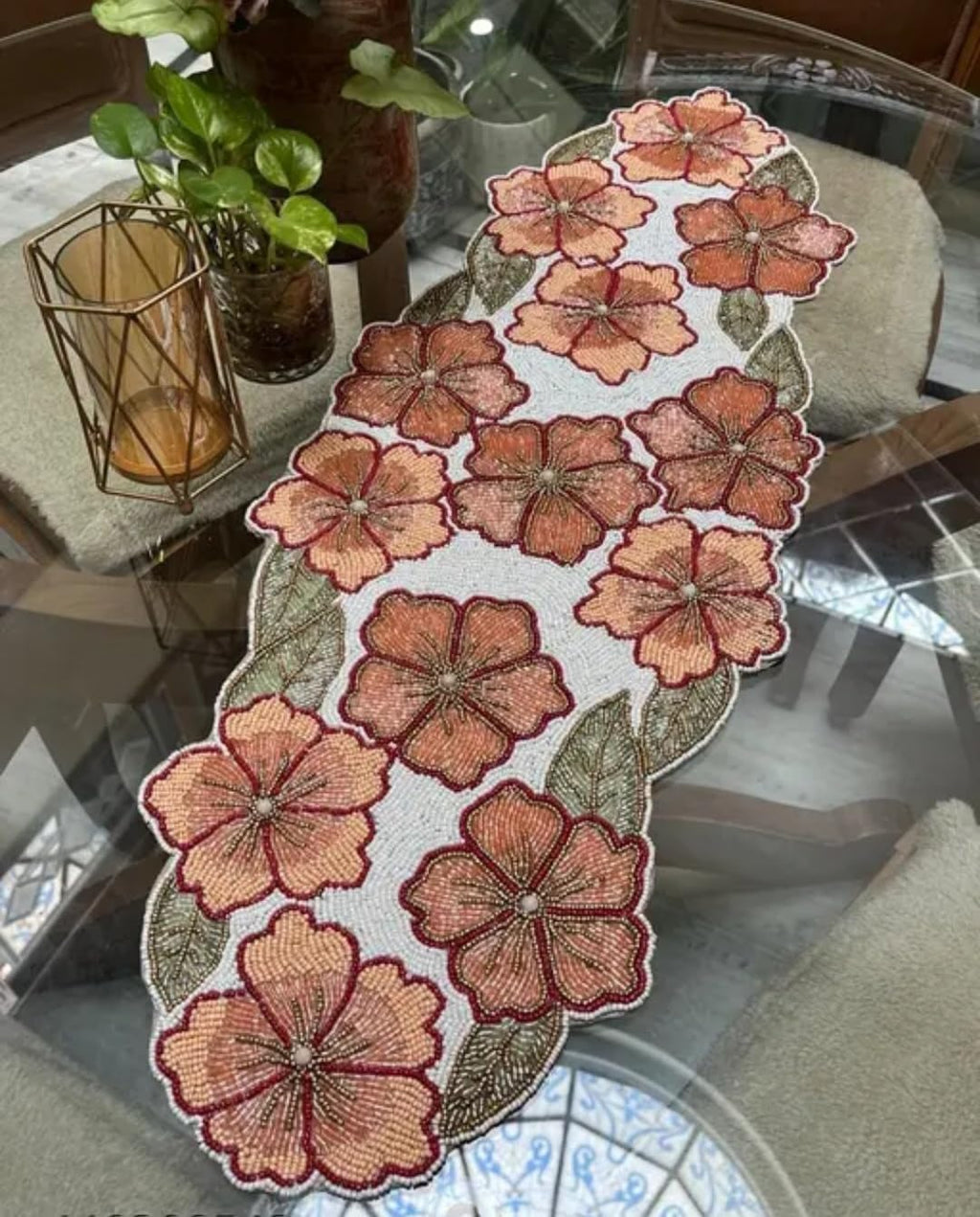Embroidered Floral Table Runner, Coral Pink Flowers with Green Leaves, White Background, Decorative Home Accent