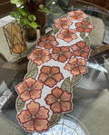 Embroidered Floral Table Runner, Coral Pink Flowers with Green Leaves, White Background, Decorative Home Accent