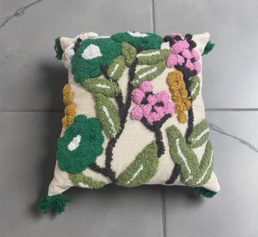 Floral Punch Needle Embroidered Throw Pillow Cover with Tassels, Botanical Garden Design, Beige