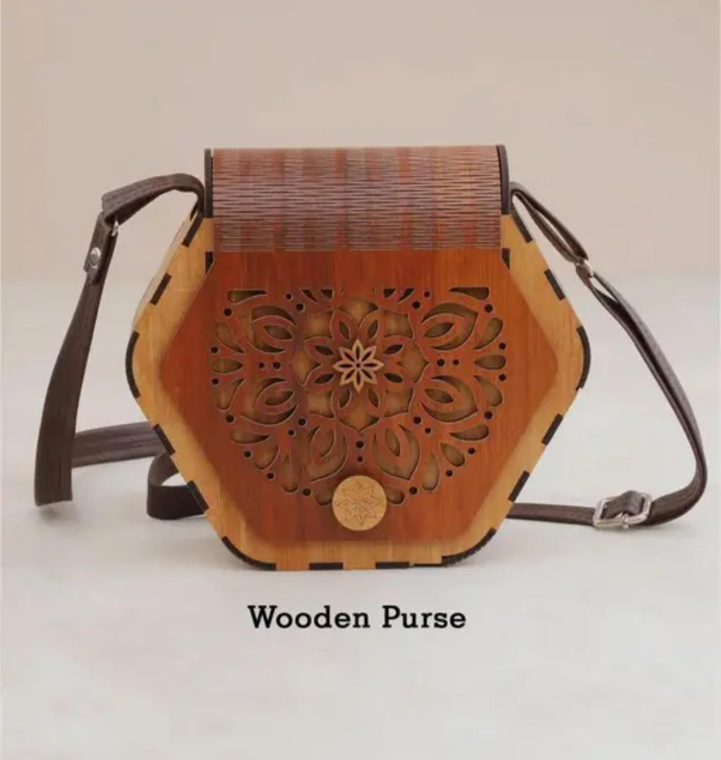 Wooden Crossbody Bag with Decorative Floral Cutout Pattern, Adjustable Strap, Yellow and Brown