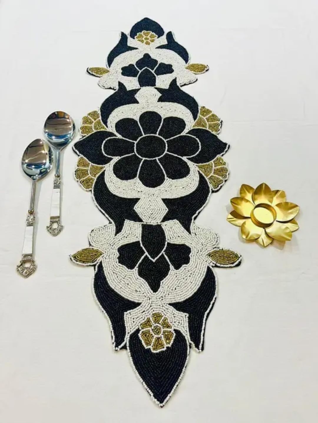 Beaded Table Runner, Black and White Floral Design with Gold Accents, Decorative Centerpiece