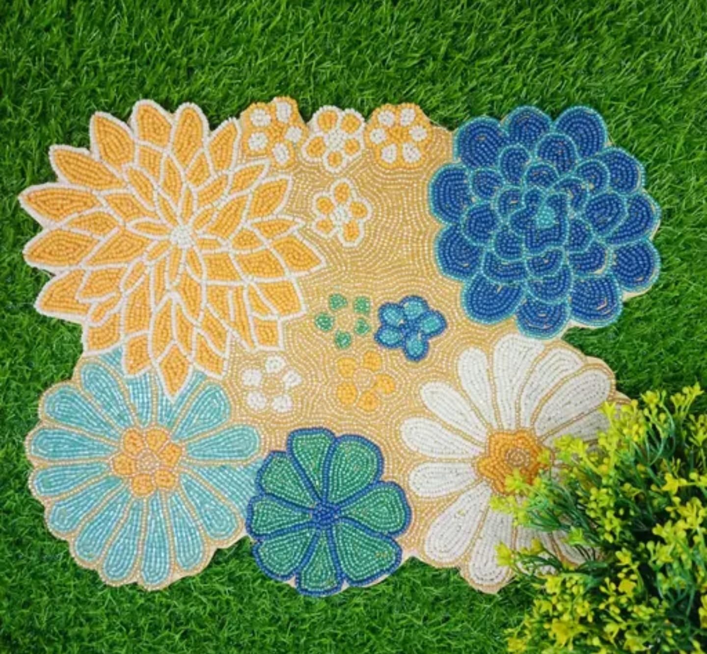 Beaded Floral Placemat, Blue Yellow White Flowers, Round Shape, Decorative Table Mat for Dining