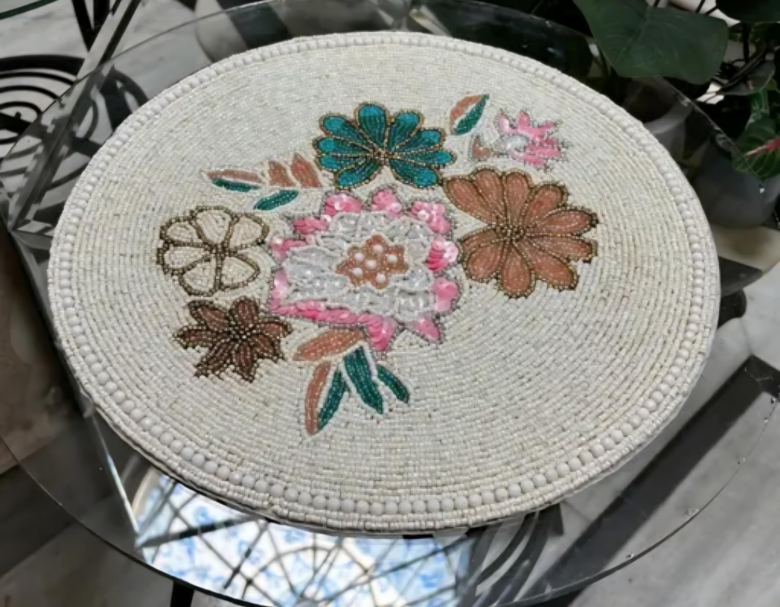 Beaded Round Placemat, Floral Embroidered Design, White with Multicolor Flowers, Handcrafted Table Decor