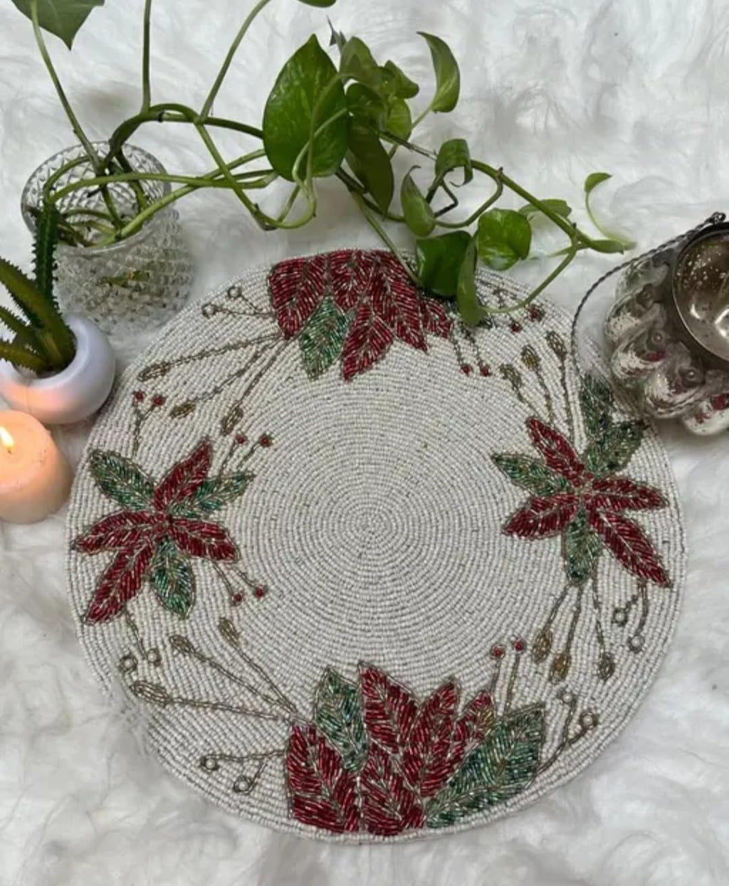 Beaded Round Placemat, White with Floral Leaf Design, Handcrafted Table Decor
