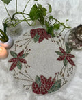 Beaded Round Placemat, White with Floral Leaf Design, Handcrafted Table Decor