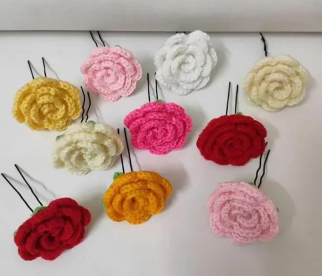 Crochet Rose Hair Pins, Handmade Floral Bobby Pins, Multiple Colors, Boho Style, set of 5