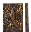 Vintage Bronze Owl Journal Cover, Handcrafted Metal Embossed Design with Blue Crystal Eye, Gothic Medieval Fantasy Style