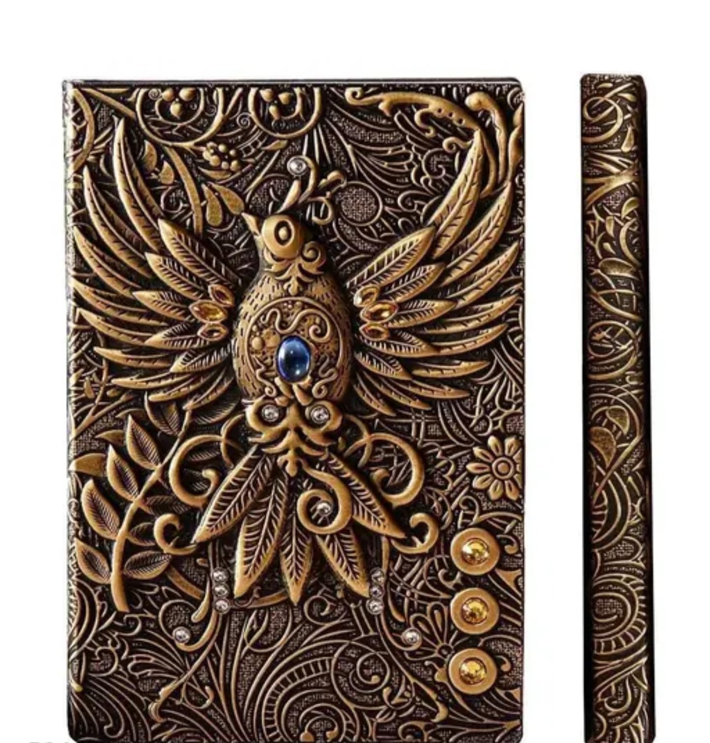 Vintage Bronze Owl Journal Cover, Handcrafted Metal Embossed Design with Blue Crystal Eye, Gothic Medieval Fantasy Style