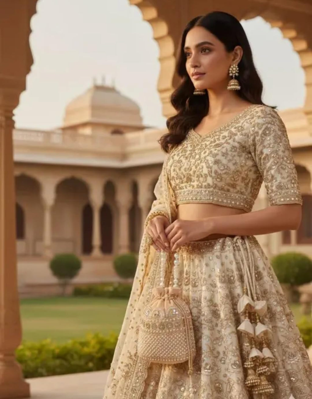 Pearl Embellished Potliie Bag, Cream, Beaded Wristlet, Ethnic Bridal Clutch Purse for Women