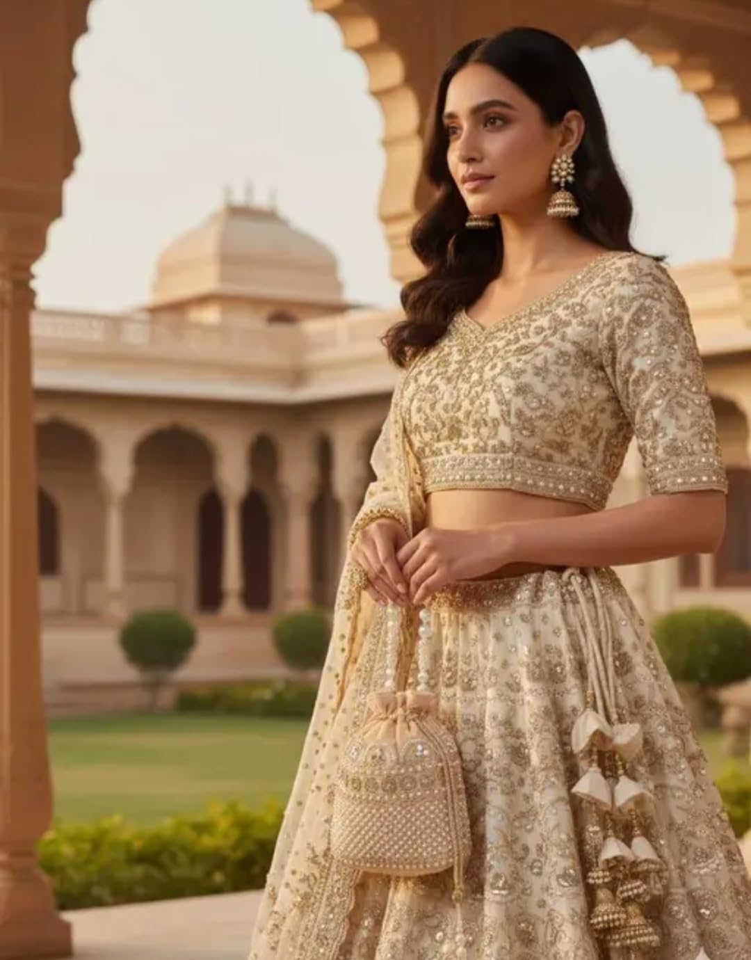 Pearl Embellished Potliie Bag, Cream, Beaded Wristlet, Ethnic Bridal Clutch Purse for Women