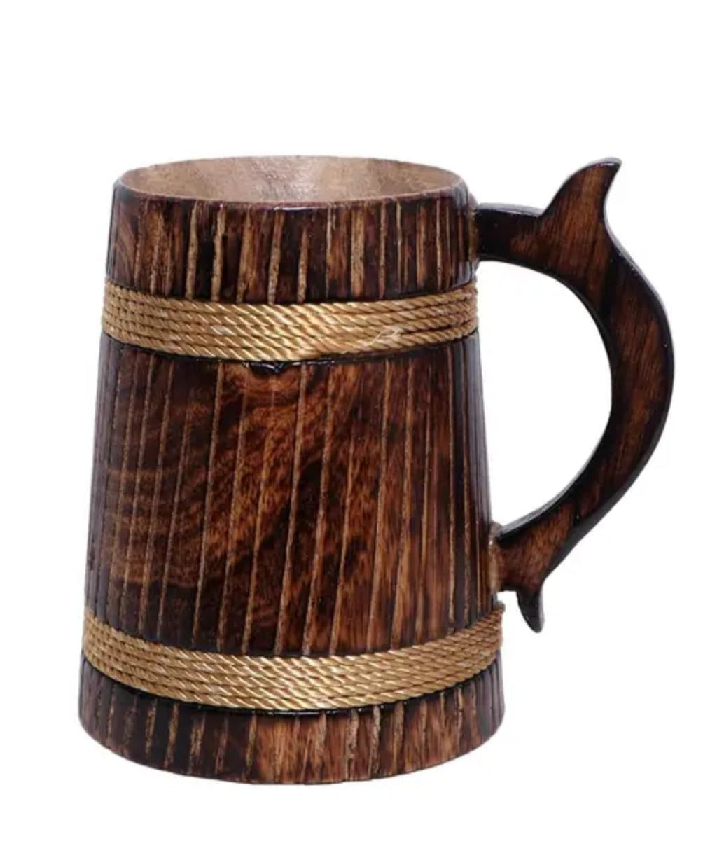 Handcrafted Wooden Beer Mug with Rope Accent, Rustic Barrel Style, Dark Brown