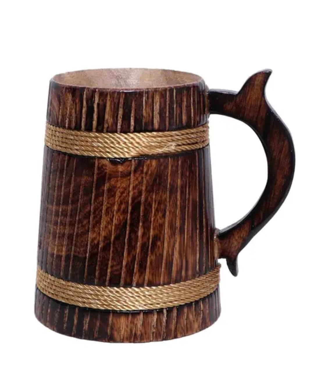 Handcrafted Wooden Beer Mug with Rope Accent, Rustic Barrel Style, Dark Brown