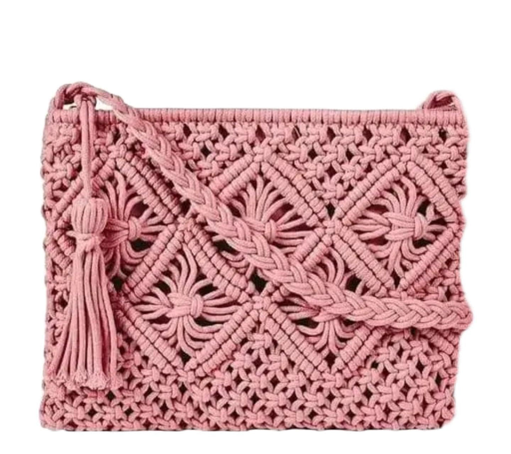 Handmade Macrame Crossbody Bag, Pink Woven Cotton Cord, Tassel Detail