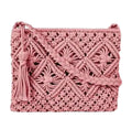 Handmade Macrame Crossbody Bag, Pink Woven Cotton Cord, Tassel Detail