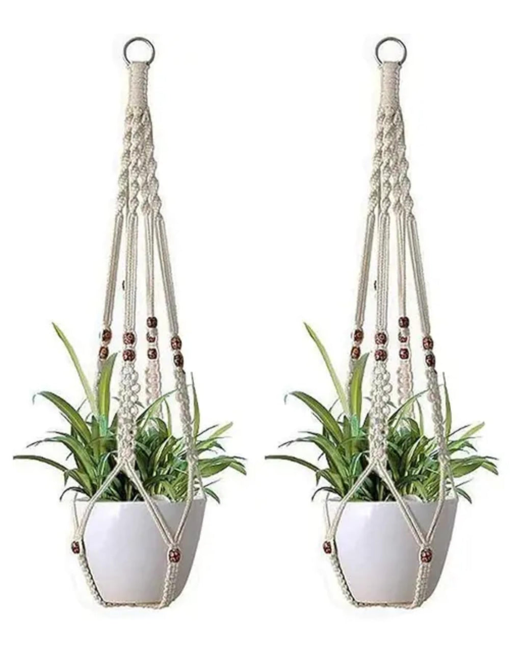 Macrame Plant Hanger with Wooden Beads, 2-Pack, Cotton Rope Hanging Planter for Indoor Plants, White