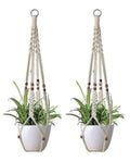Macrame Plant Hanger with Wooden Beads, 2-Pack, Cotton Rope Hanging Planter for Indoor Plants, White