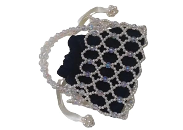 Handmade Pearl Beaded Net Bag, White, Drawstring Pouch with Crystal Beads, Elegant Evening Purse