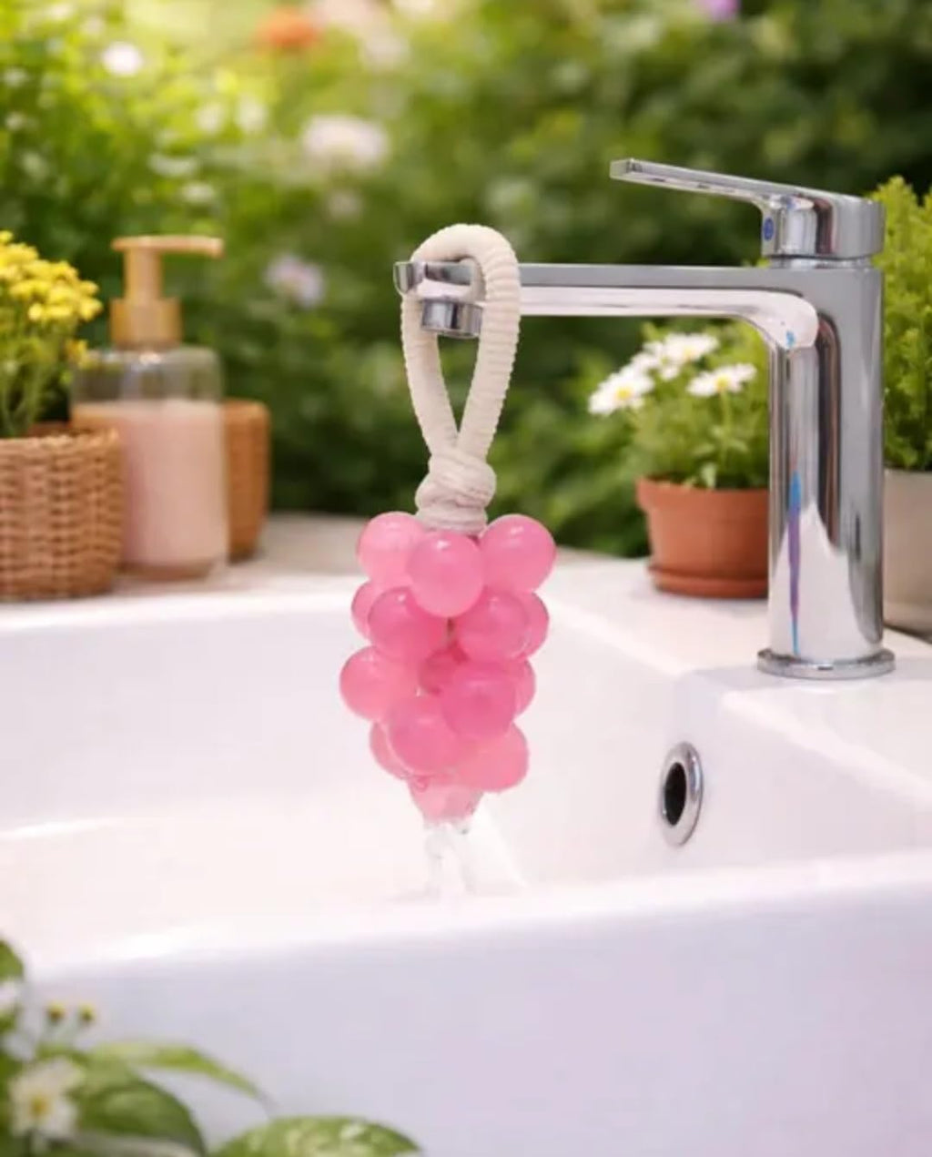 Silicone Soap Saver with Rope, Pink Bubble Design, Bathroom Sink Accessory