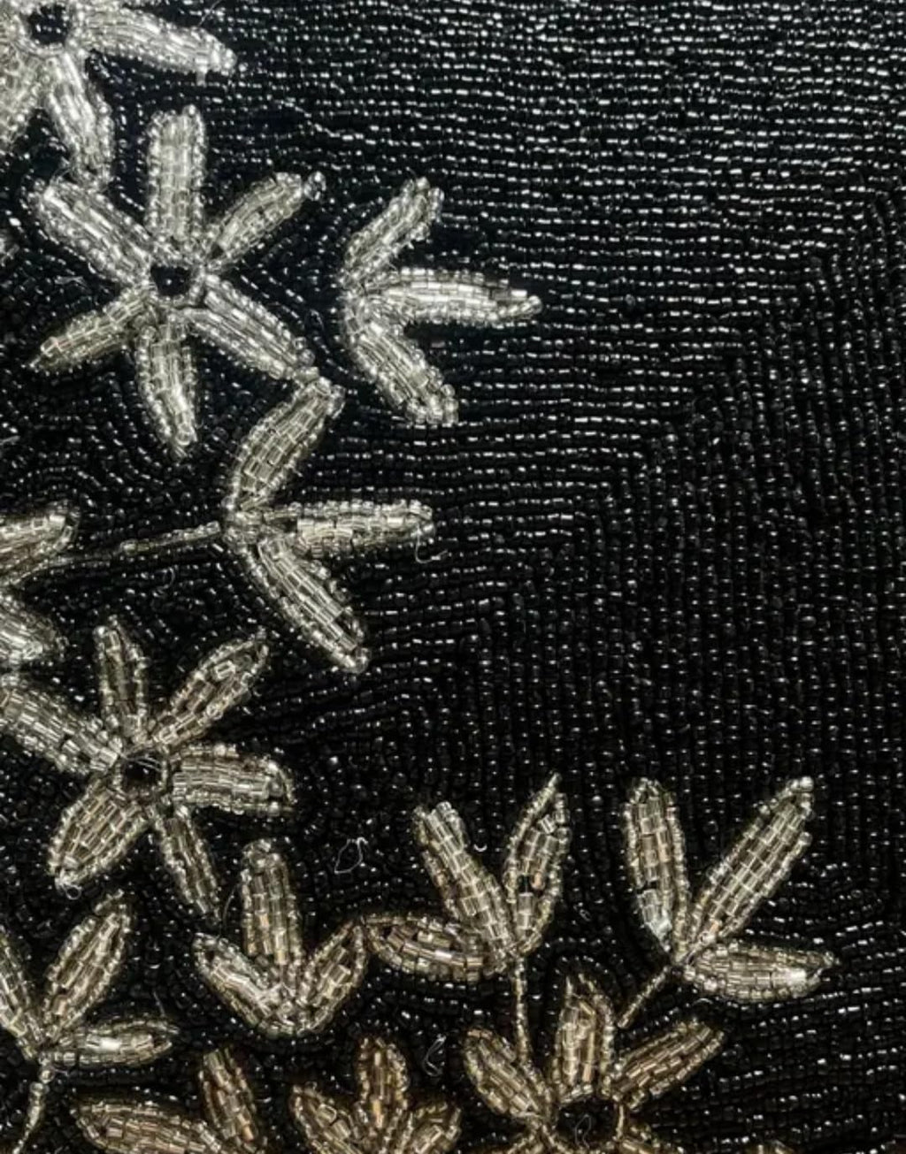 Beaded Decorative Throw Pillow Cover, Black with Silver Floral Design, Square Cushion Case