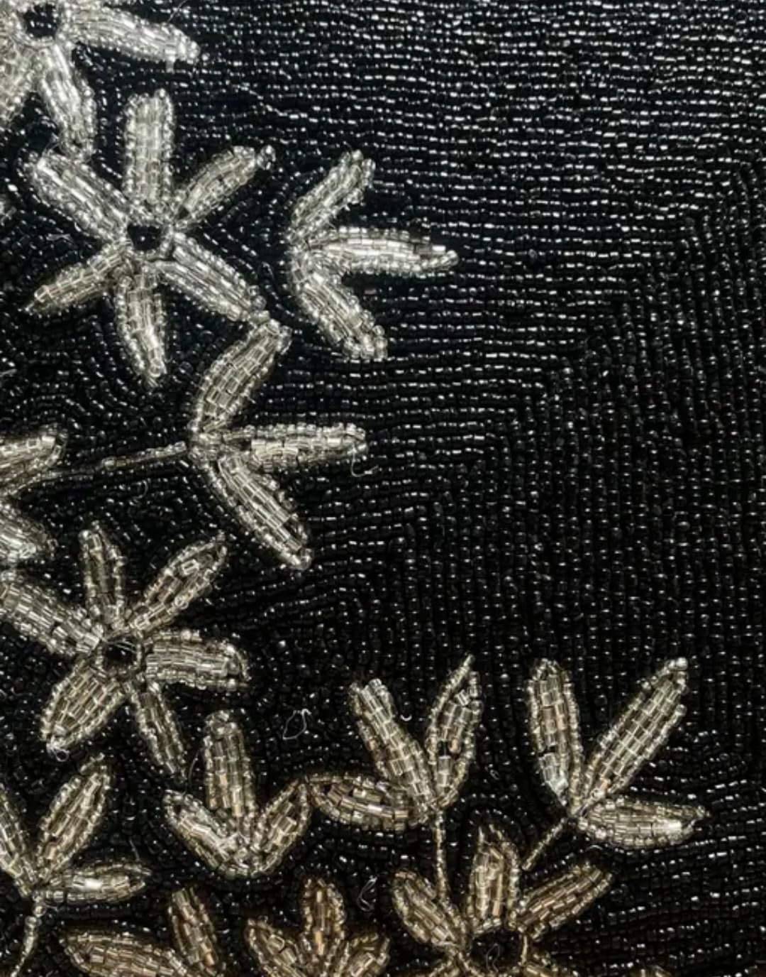 Beaded Decorative Throw Pillow Cover, Black with Silver Floral Design, Square Cushion Case