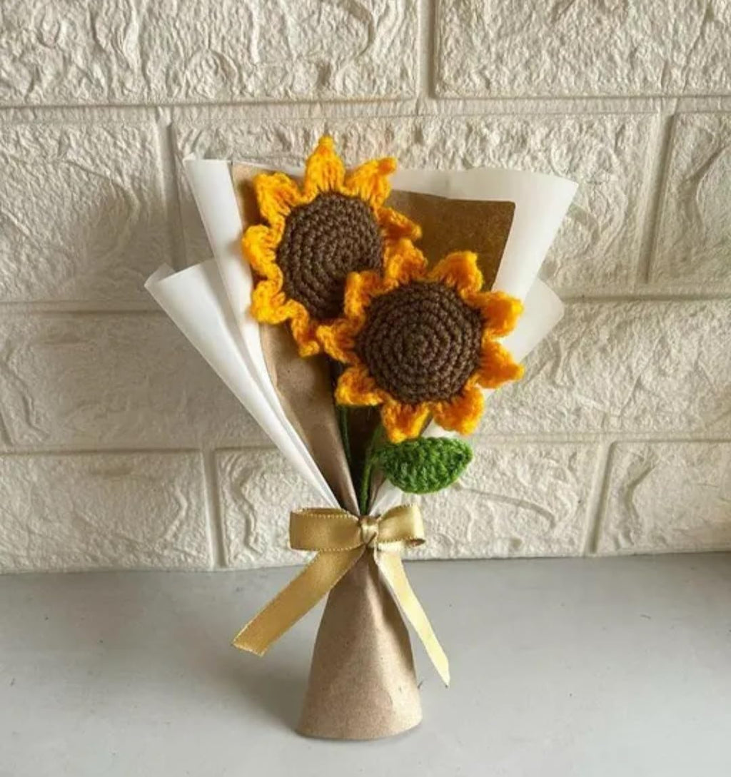 Crochet Sunflower Bouquet, Handmade Knit Flowers with Green Leaves, Yellow and Brown, Gift Wrapped with Ribbon