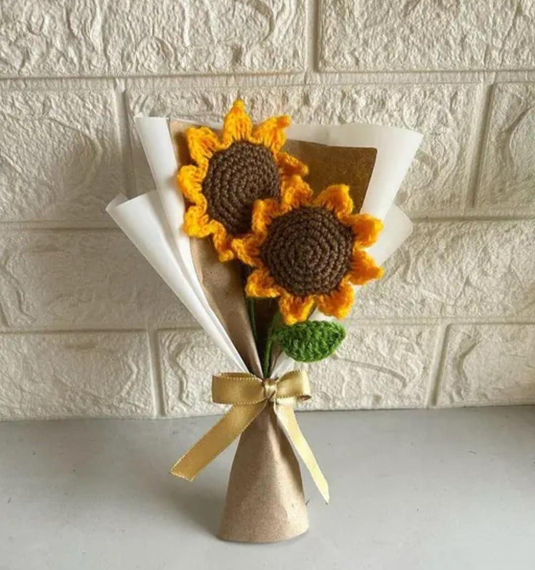 Crochet Sunflower Bouquet, Handmade Knit Flowers with Green Leaves, Yellow and Brown, Gift Wrapped with Ribbon