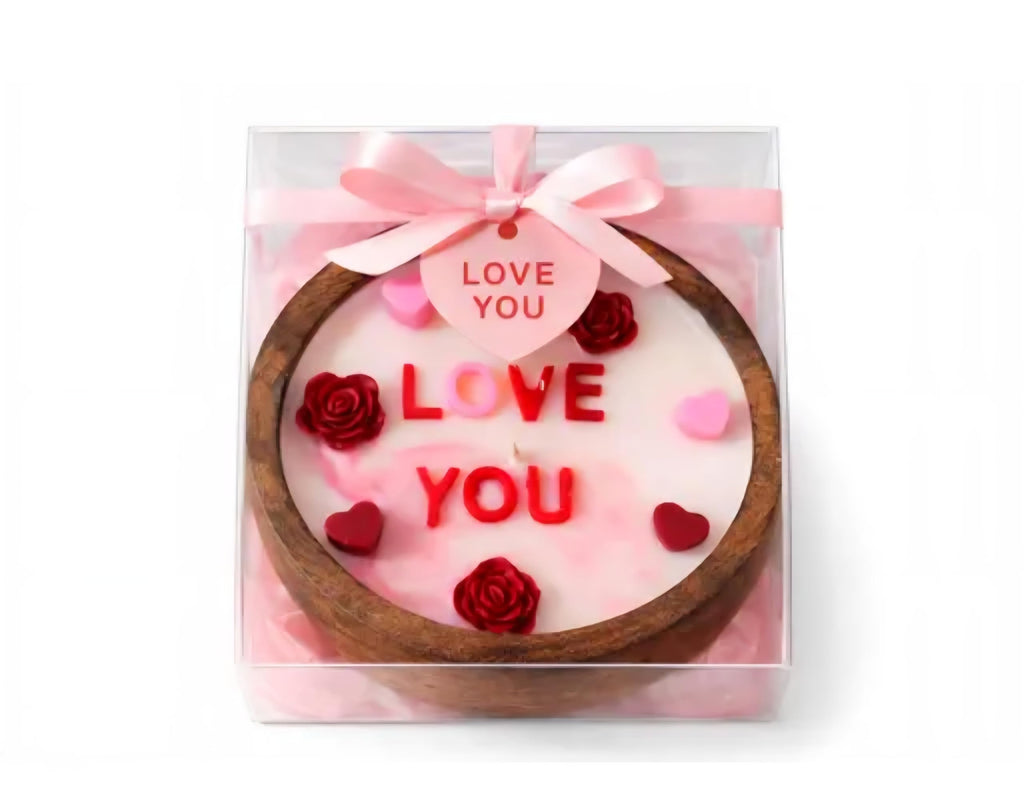 Love You Scented Candle in Wooden Bowl, Rose and Heart Embellishments, Valentine's Day Gift