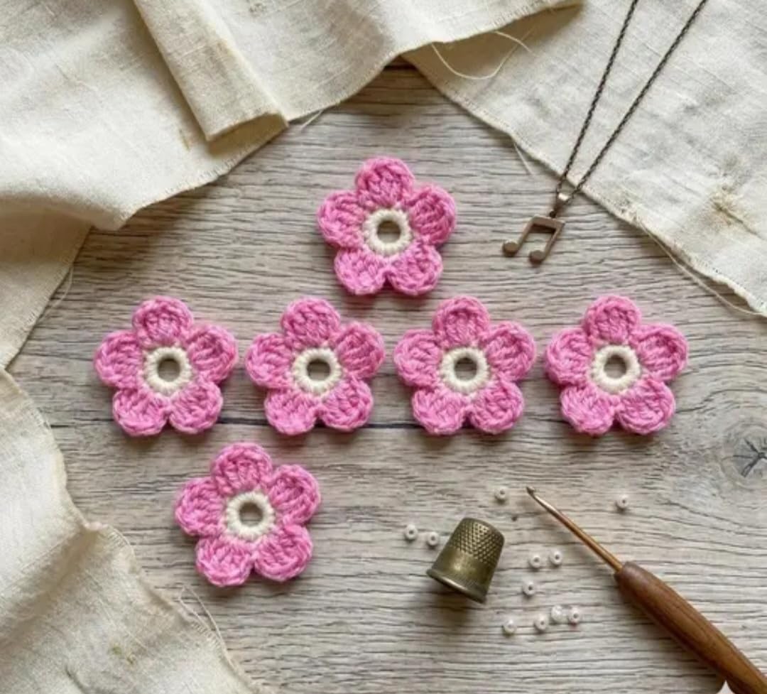 Crochet Flower Buttons, Pink, Handmade Floral Embellishments for Clothing, Set of 6