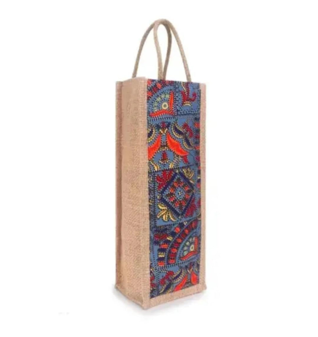 Jute Wine Bottle Bag with Rope Handles, Bohemian Print, Single Bottle Tote