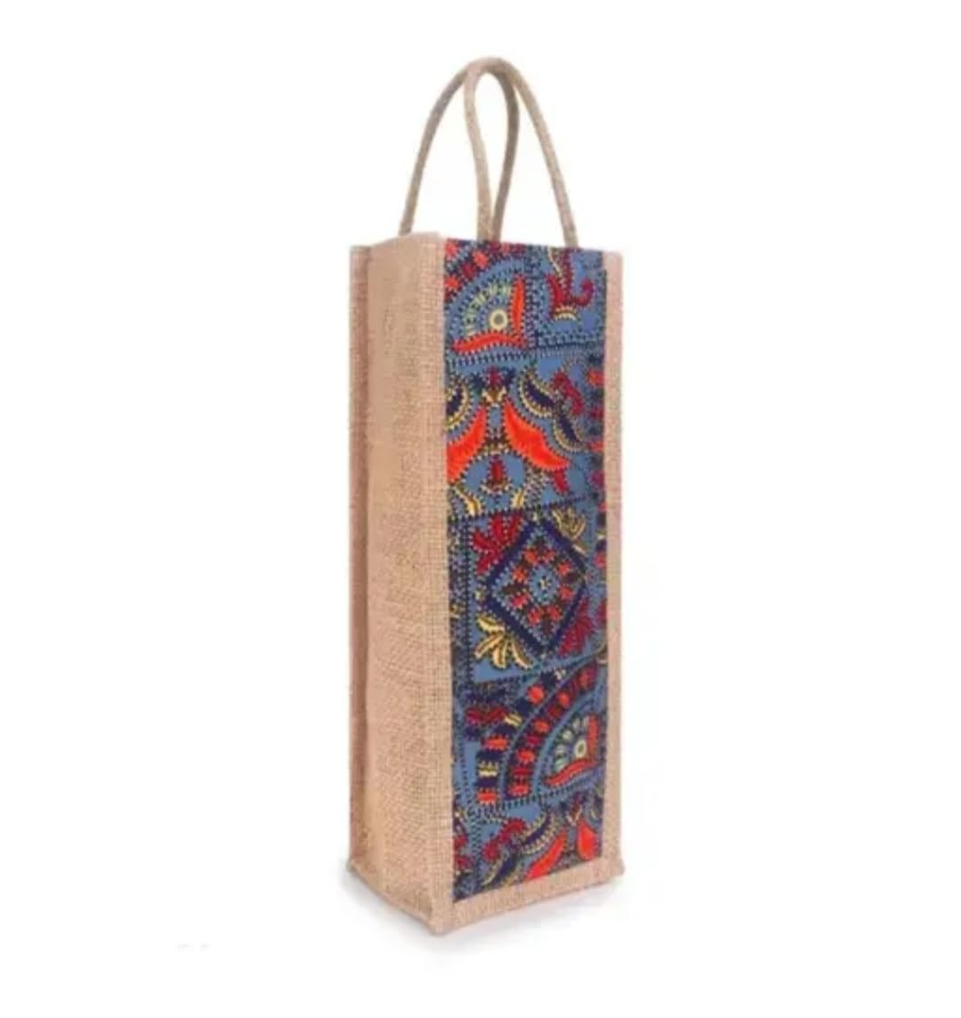 Jute Wine Bottle Bag with Rope Handles, Bohemian Print, Single Bottle Tote