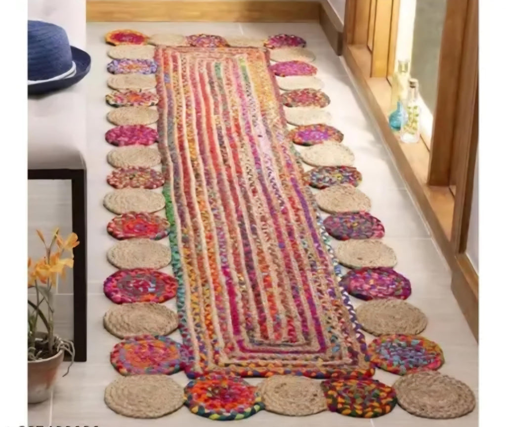 Handwoven Jute and Cotton Braided Runner Rug, Multicolor, Boho Style, with Round Medallion Border