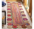 Handwoven Jute and Cotton Braided Runner Rug, Multicolor, Boho Style, with Round Medallion Border
