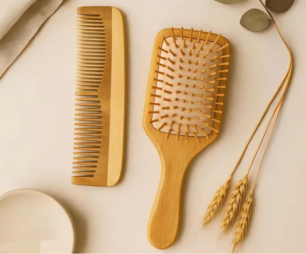 Wooden Hair Brush and Comb Set, Natural Bamboo, Paddle Brush with Wide Tooth Comb, 2 Piece