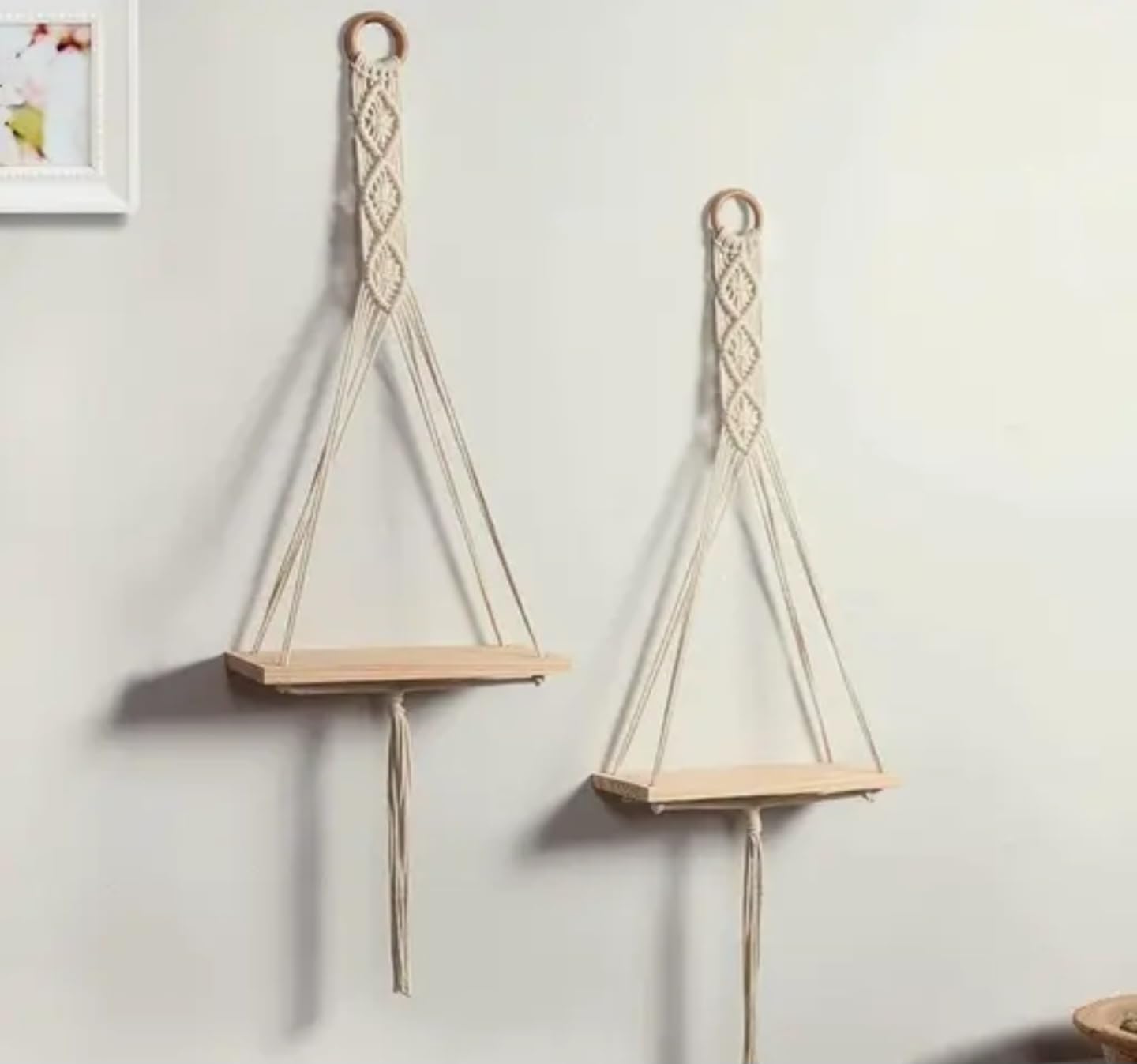Macrame Wall Hanging Wooden Shelf Set, 3 Tiers, Handwoven Cotton Rope, Natural Wood, Boho Home Decor