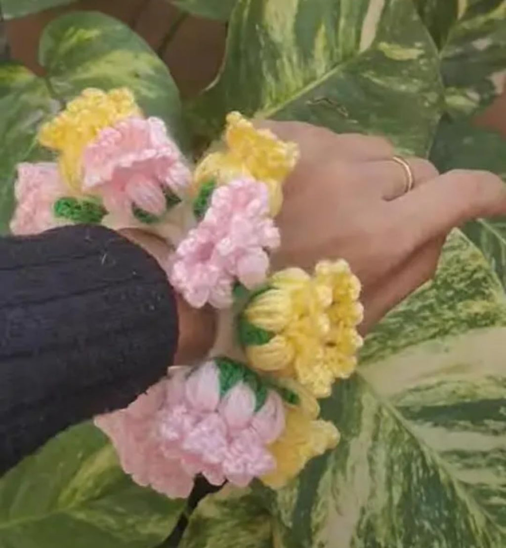 Handmade Crochet Floral Hair Scrunchie, Yellow, Pink, and Green, Flower Design