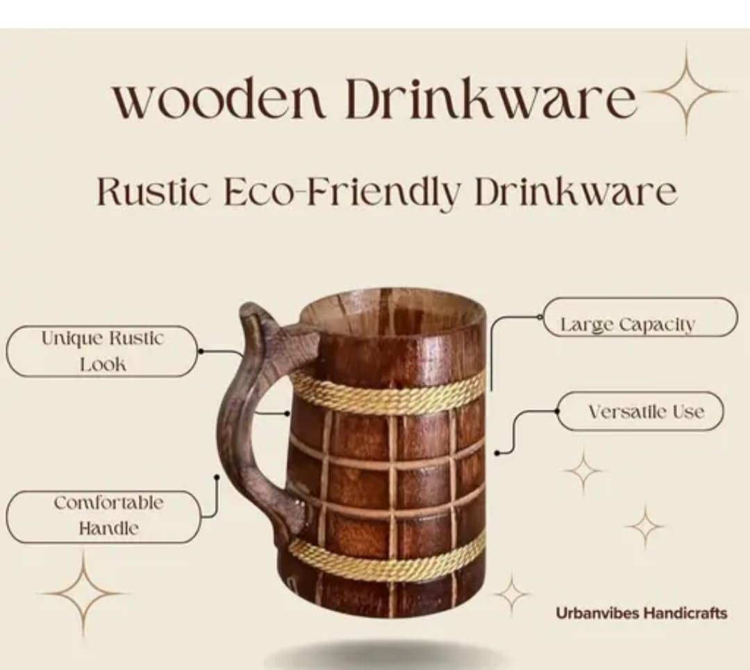 Handcrafted Wooden coffee Mug with Rope Accent, Rustic Barrel Style, Natural Wood Tankard