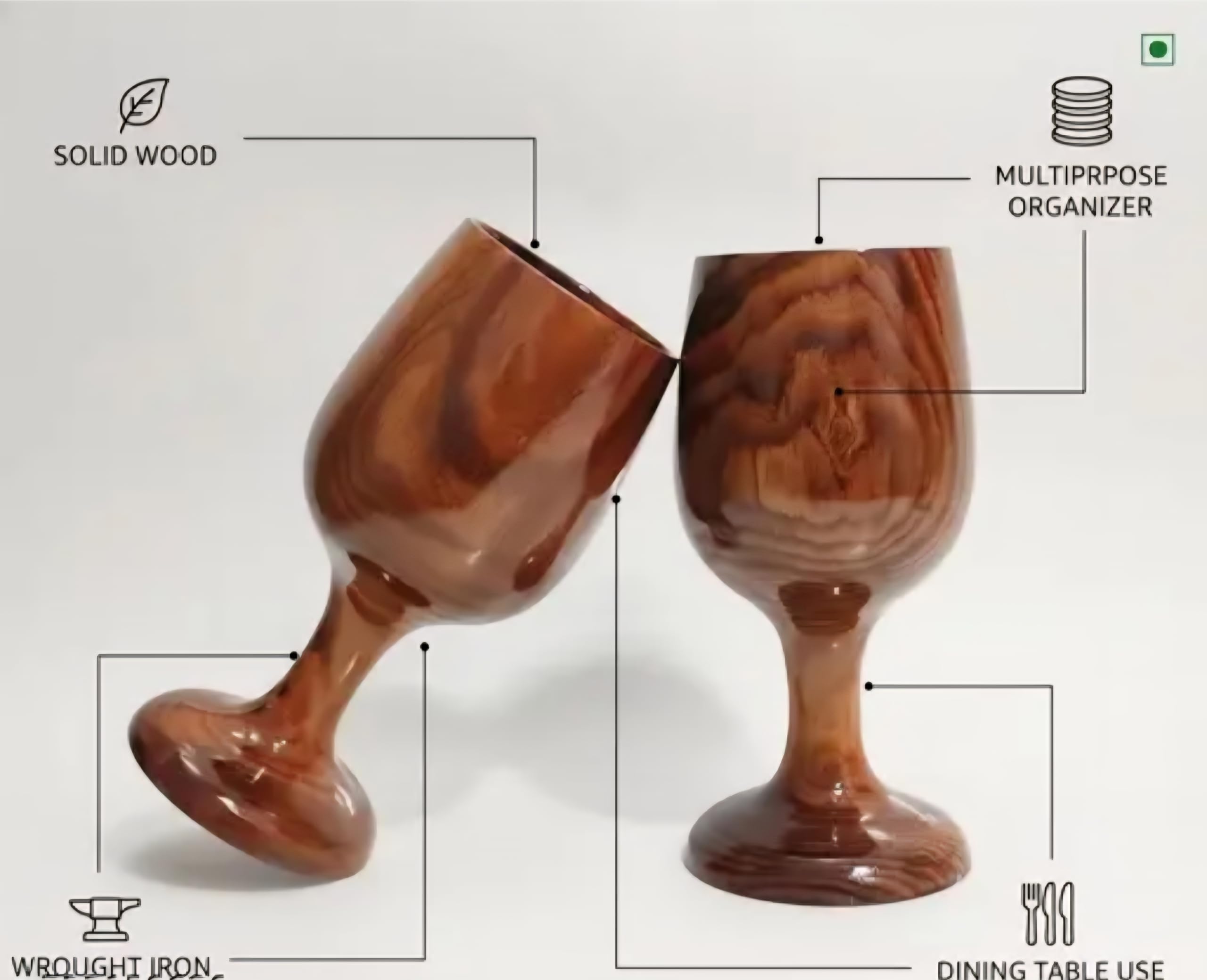 Handcrafted Wooden Wine Goblets, Natural Wood Grain Finish, Set of 2, Rustic Style Drinkware
