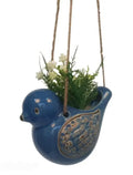 Decorative Ceramic Bird Hanging Planter, Blue with Ornate Pattern, Indoor Plant Holder with Rope, Floral Design