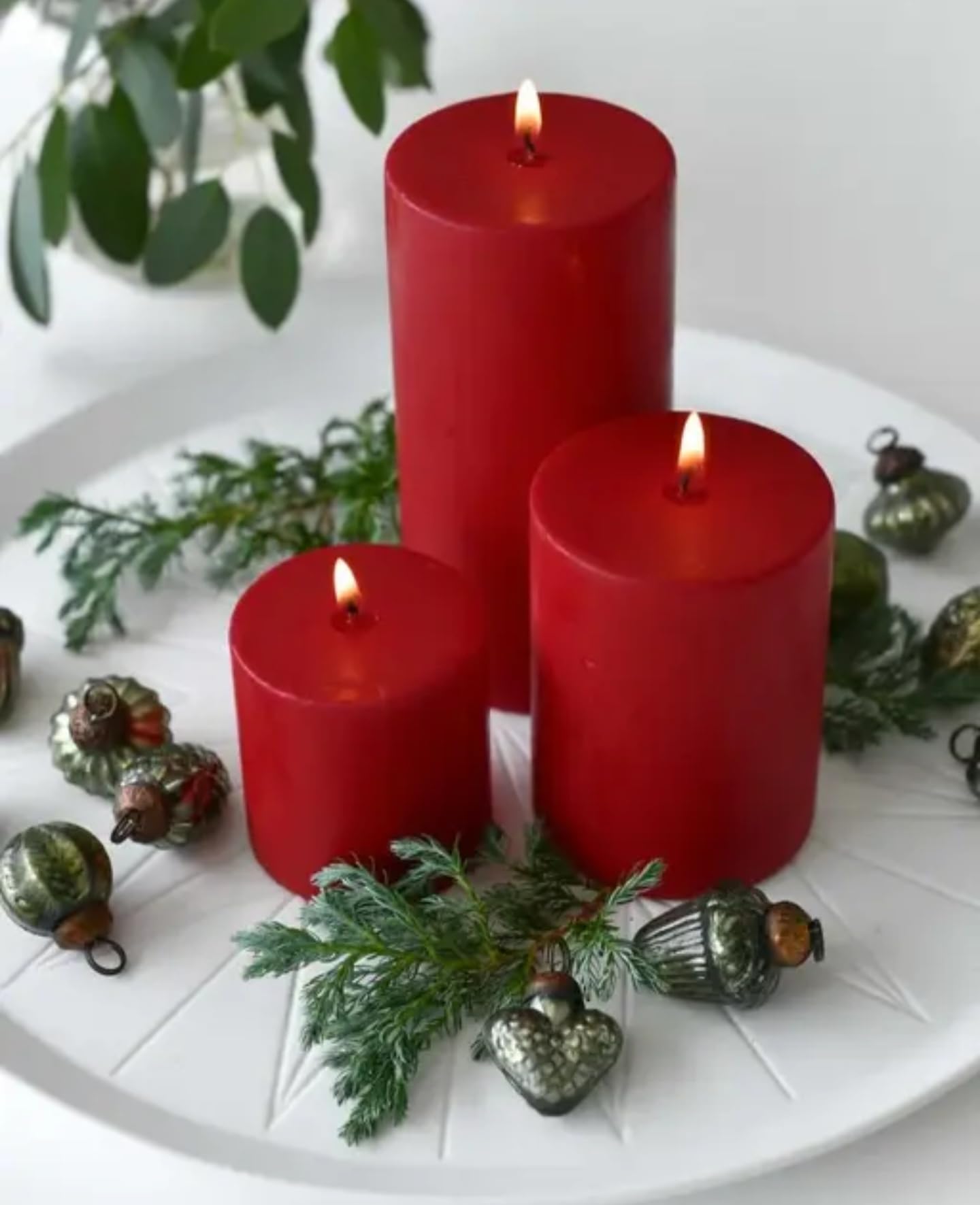 Red Pillar Candles Set of 3, Decorative Christmas Candles with Evergreen Accents