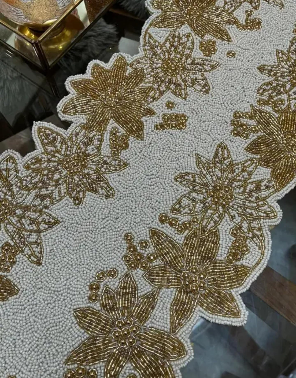 Handmade Table Runner, Gold Floral Design, Elegant Dining Decor