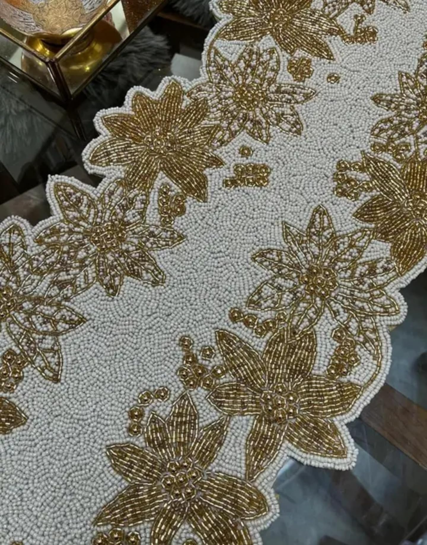 Handmade Table Runner, Gold Floral Design, Elegant Dining Decor