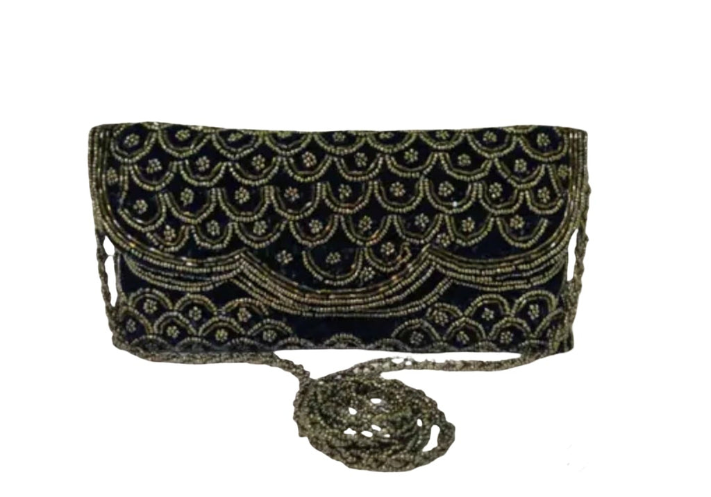 Vintage Beaded Evening Clutch, Navy Blue Velvet with Silver Scalloped Pattern, Chain Strap, eco-friendly bag
