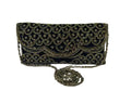 Vintage Beaded Evening Clutch, Navy Blue Velvet with Silver Scalloped Pattern, Chain Strap, eco-friendly bag