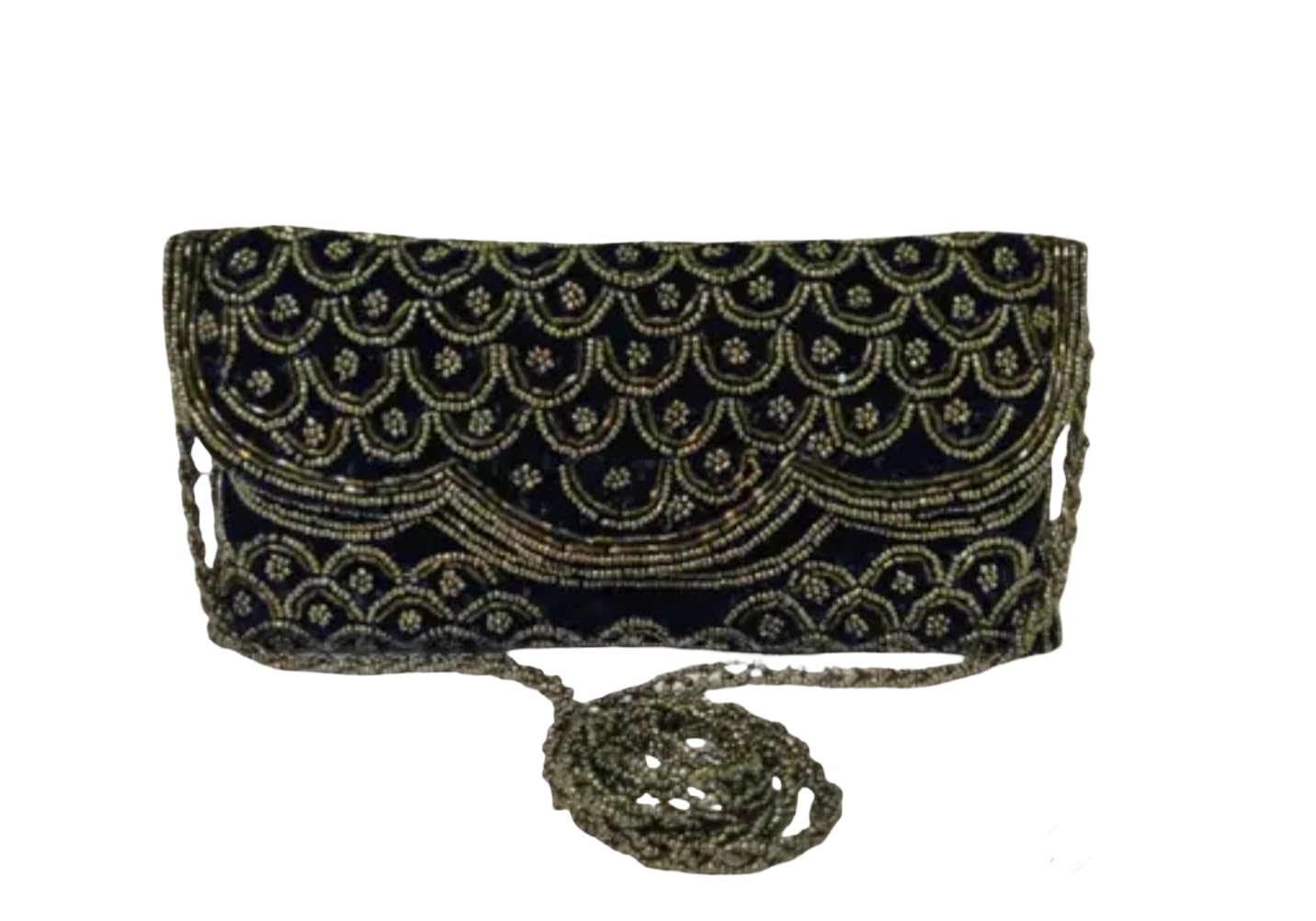 Vintage Beaded Evening Clutch, Navy Blue Velvet with Silver Scalloped Pattern, Chain Strap, eco-friendly bag