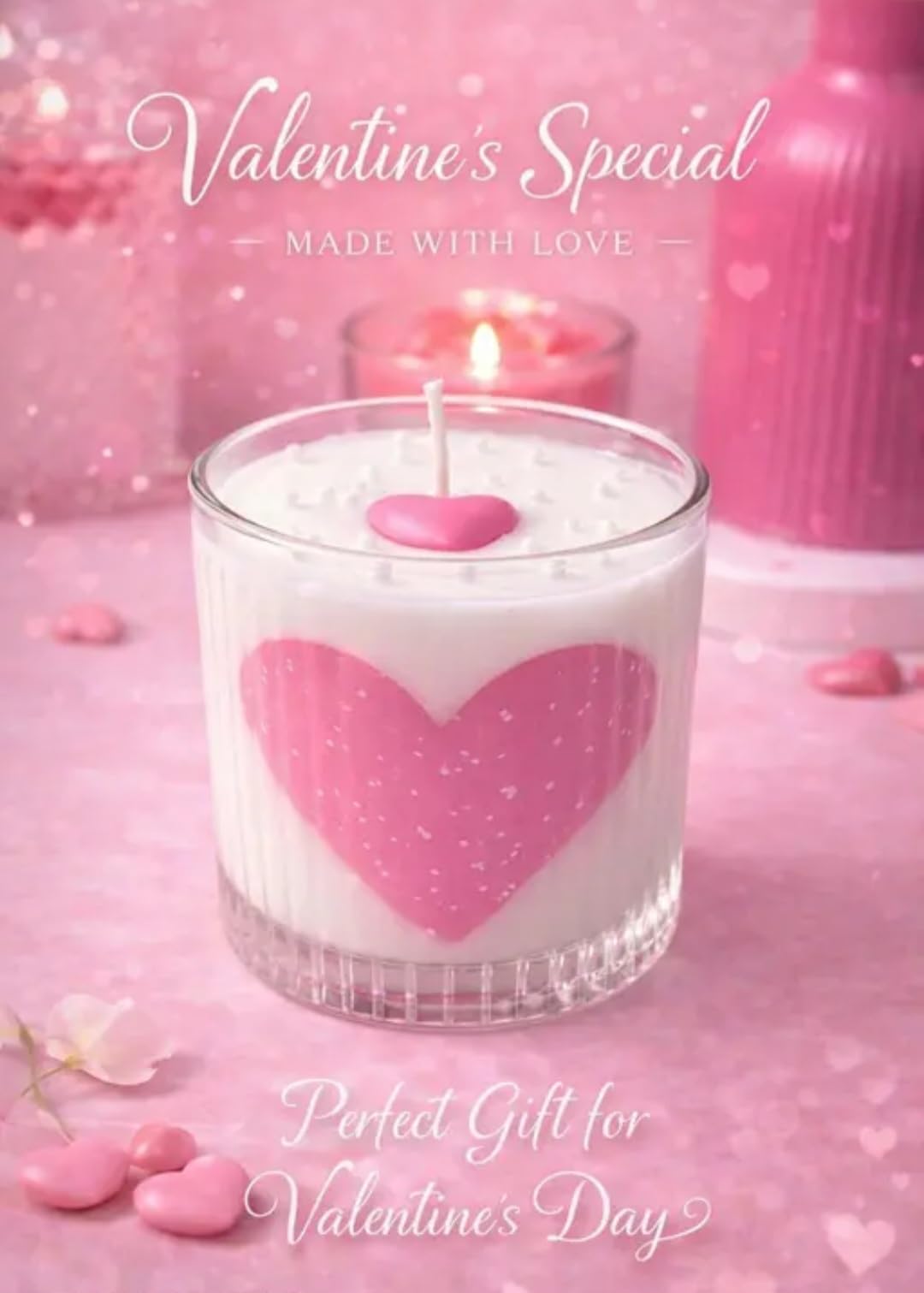 Valentine's Special Heart Candle in Glass, White and Pink, Gift for Valentine's Day, Made with Love